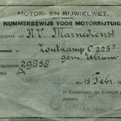 Kenteken: A 29858; Nummerbewijs uit archief W. Mollema