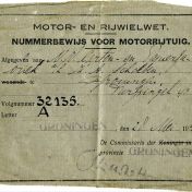 Kenteken: A 32135; Nummerbewijs uit archief Papier- en cartonfabriek v/h W.A. Scholten NV (395-572)