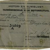Kenteken: A 34009; Nummerbewijs uit het archief van A. du Bois (AW 2021-246)