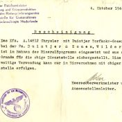 Kenteken: A 14812; Bescheinigung 04-10-1944 uit archief firma Duintjer (1958-113)
