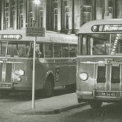 Kenteken: A 49408; Kromhout bussen met nieuwe kenteken, Grote Markt Groningen ca. 1955 v.l.n.r. A-49406, A-49411 en A-49408 (2166_4551); Fotograaf: Jos Lange