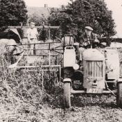 Kenteken: A 2711; Nieuw-Scheemda, J. Hassing op zijn Ferguson tractor tijdens de oogst, 1950 (818-10732)