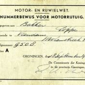 Kenteken: A 9508; Nummerbewijs uit archief Stel- en automakerij Bakker (2265-11)