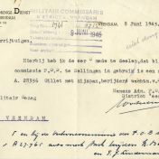 Kenteken: A 28356; Mededeling P.O.D over gebruik Gillet motor en Nash auto uit het archief van het Militair Gezag, DMC Veendam, 08-06-1945 (66-71)