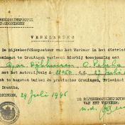 Kenteken: A 33050; Toestemming om 27 juli 1945 te mogen rijden, foto: H.J. Dijkhuizen