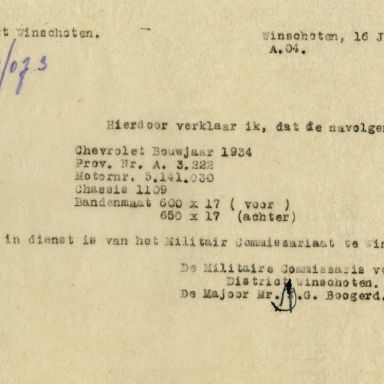 Kenteken: A 3222; Verklaring in dienst stelling Chevrolet uit het archief van het Militair Gezag, DMC Winschoten, 16-07-1945 (67-85)