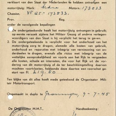Kenteken: A 32859; Verklaring ontvangst Ardie motor uit archief van het Militair Gezag, Provinciale Militaire Commissaris, 09-07-1945 (63-167)