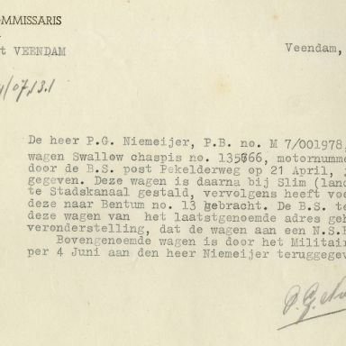 Kenteken: A 30526; Verklaring teruggave Swallow uit het archief van het Militair Gezag, DMC Veendam, 02-06-1945 (66-71)
