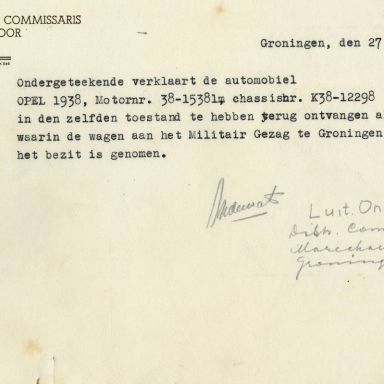 Kenteken: A 32251; Verklaring teruggave Opel uit archief van het Militair Gezag, Provinciale Militaire Commissaris, 27-07-1945 (63-172)