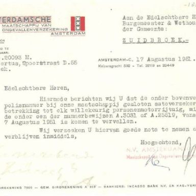 Kenteken: A 25519; Beëindiging verzekeringspolis 1951, bron: gemeentearchief Menterwolde (HSS-MW-MFP05)