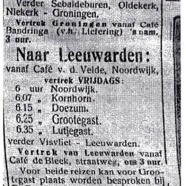 Kenteken: A 6894; Advertentie Auto-Omnibusdienst waarvan Andries Holtrop de chauffeur was, Leekster Courant, april 1923, foto: K. van Schenk-Brill
