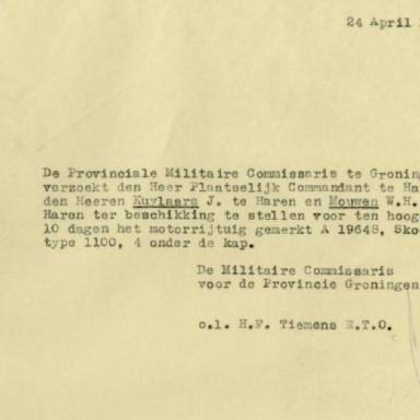 Kenteken: A 19648; Terbeschikkingstelling Skoda uit het archief van het Militair Gezag, Provinciale Militaire Commissaris, 24-04-1945 (63-167)