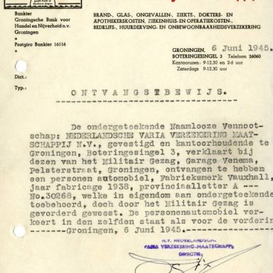 Kenteken: A 30268; Ontvangstbewijs Opel uit archief van het Militair Gezag, Provinciale Militaire Commissaris, 06-06-1945 (63-167)