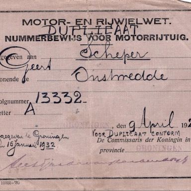 Kenteken: A 13332; Duplicaat Nummerbewijs, foto: Streekhistorisch Centrum Stadskanaal