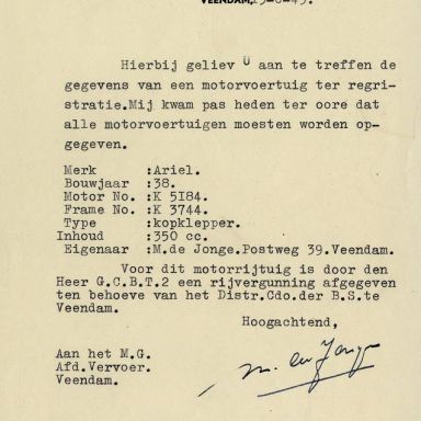 Kenteken: A 34099; Registratie Ariël motorfiets 14-06-1945, uit het archief van het Militair Gezag, DMC Veendam (66-69)