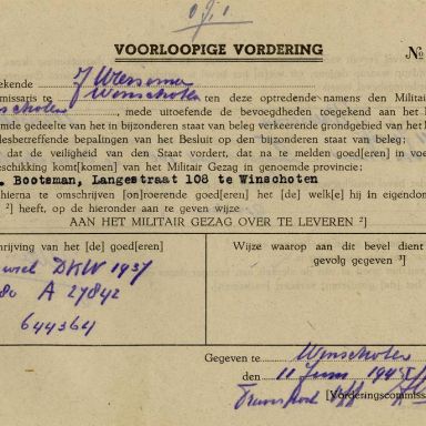 Kenteken: A 27842; Voorlopige vordering DKW uit het archief van het Militair Gezag, DMC Winschoten, 11-06-1945 (67-83)