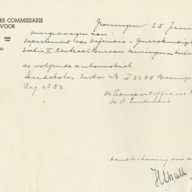 Kenteken: A 9552; Bewijs van overdracht van de Studebaker uit archief van het Militair Gezag, Provinciale Militaire Commissaris, 25-06-1945 (63-172)