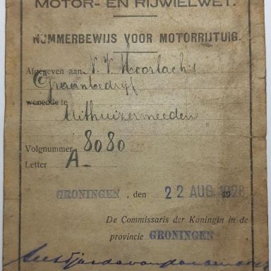 Kenteken: A 8080; Nummerbewijs, foto: collectie M.L. Kruijthof