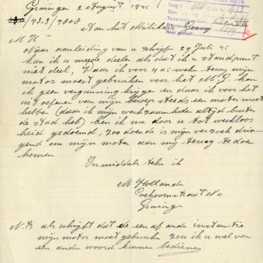 Kenteken: A 32129; Correspondentie over de Eysink uit het archief van het Militair Gezag, Provinciale Militaire Commissaris, 02-08-1945 (63-167)
