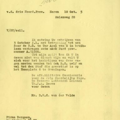 Kenteken: A 31500; Correspondentie over de Ford uit het archief van het Militair Gezag, Provinciale Militaire Commissaris, 10-10-1945 (63-167)