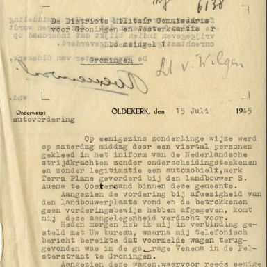 Kenteken: A 33285; Correspondentie over de Terraplane uit het archief van het Militair Gezag, Provinciale Militaire Commissaris, 15-07-1945 (63-167)