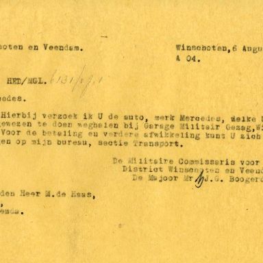 Kenteken: A 25503; Toewijzing Mercedes uit het archief van het Militair Gezag, DMC Winschoten, 06-08-1945 (67-84)