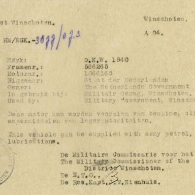 Kenteken: A 19621; Toestemming gebruik benzine, olie en smeermiddelen voor DKW motorfiets uit de legervoorraden uit het archief van het Militair Gezag, DMC Winschoten, 03-07-1945 (67-85)