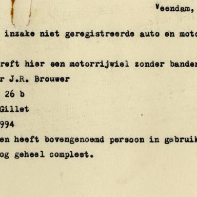 Kenteken: A 28994; Rapport niet geregistreerde Gillet motor uit het archief van het Militair Gezag, DMC Veendam, juni 1945 (66-72)