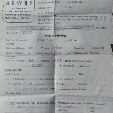 Kenteken: A 38934; Waardebewijs DKW, 1947, foto: N. Stormer