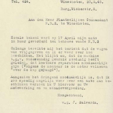 Kenteken: A 26881; Correspondentie over de auto uit het archief van het Militair Gezag, DMC Winschoten, 30-05-1945 (67-83)
