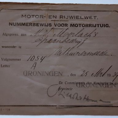 Kenteken: A 1054; Nummerbewijs, foto: collectie M.L. Kruijthof