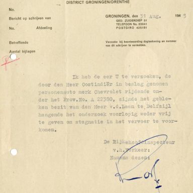 Kenteken: A 22380; Correspondentie over de Chevrolet uit het archief van het Militair Gezag, Provinciale Militaire Commissaris, 31-08-1945 (63-167)