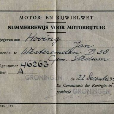Kenteken: A 46263; Nummerbewijs, foto: fam. Hoving, via Stichting Historie Stedum