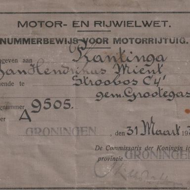 Kenteken: A 9505; Nummerbewijs, foto: archief PAX