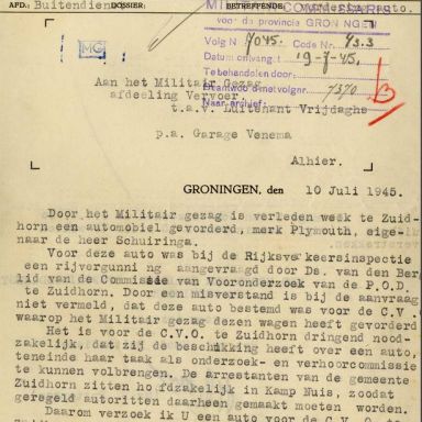 Kenteken: A 10157; Correspondentie over de Plymouth uit het archief van het Militair Gezag, Provinciale Militaire Commissaris, 19-07-1945 (63-167)