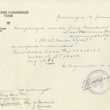 Kenteken: A 15125; Bewijs van overdracht van de Studebaker uit archief van het Militair Gezag, Provinciale Militaire Commissaris, 18-06-1945 (63-172)