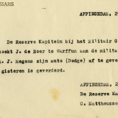 Kenteken: A 8001; Vordering Dodge uit het archief van het Militair Gezag, DMC Appingedam, 29-06-1945 (64-71)