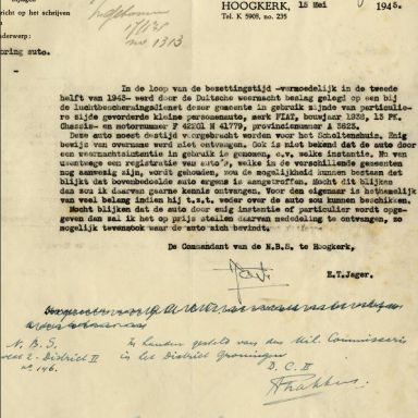 Kenteken: A 3623; Brief E. T. Jager over de Fiat uit het archief van het Militair Gezag, Provinciale Militaire Commissaris, 15-05-1945 (63-167)