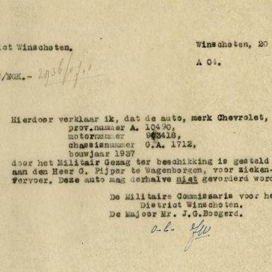 Kenteken: A 10490; Terbeschikkingstelling Chevrolet uit het archief van het Militair Gezag, DMC Winschoten, 20-06-1945 (67-84)