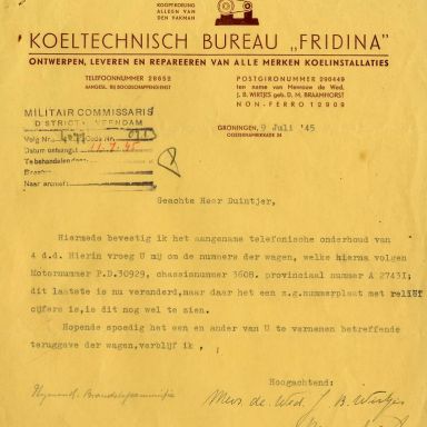 Kenteken: A 27413; Brief weduwe J. B. Wirtjes over de Plymouth uit het archief van het Militair Gezag, DMC Veendam, 09-07-1945 (66-71)