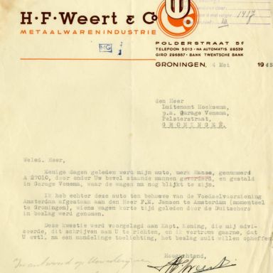Kenteken: A 27010; Verzoek teruggave Hansa van H. F. Weert uit het archief van het Militair Gezag, Provinciale Militaire Commissaris, 04-05-1945 (63-167)