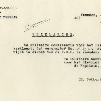 Kenteken: A 3494; Renault, verklaring uit het archief van het Militair Gezag, DMC Veendam, 08-06-1945 (66-71)