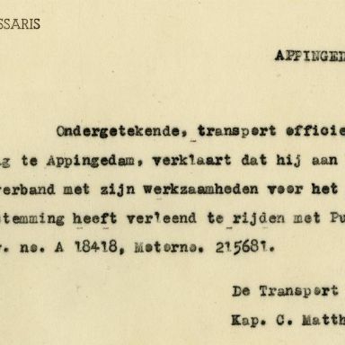 Kenteken: A 18418; Rijvergunning Puch motorrijwiel uit het archief van het Militair Gezag, DMC Appingedam, 14-07-1945 (64-71)