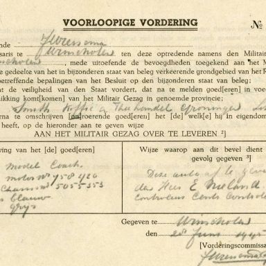 Kenteken: A 16570; Voorlopige vordering DKW uit het archief van het Militair Gezag, DMC Winschoten, 28-06-1945 (67-83)