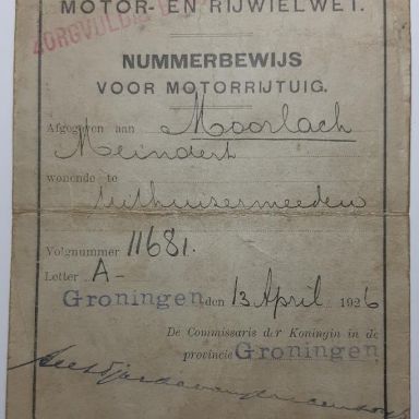 Kenteken: A 11681; Nummerbewijs, foto: collectie M.L. Kruijthof