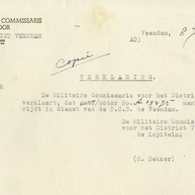 Kenteken: A 19475; Triumph, verklaring uit het archief van het Militair Gezag, DMC Veendam, 08-06-1945 (66-71)