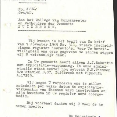 Kenteken: A 17259; Inlichtingenbrief 1949, bron: gemeentearchief Menterwolde (HSS-MW-MFP05)