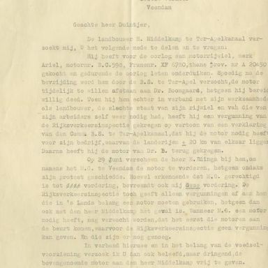 Kenteken: A 20450; Verzoek teruggave Ariël motor uit het archief van het Militair Gezag, DMC Veendam, 08-07-1945 (66-71)