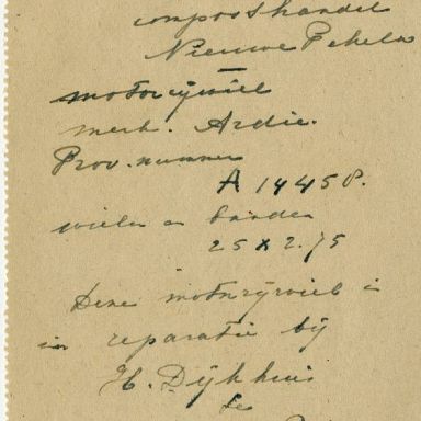 Kenteken: A 14458; Rapport niet geregistreerde Ardie motor uit het archief van het Militair Gezag, DMC Veendam, 1945 (66-72)