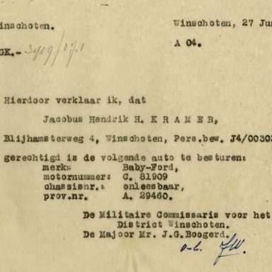 Kenteken: A 29460; Rijvergunning Ford uit het archief van het Militair Gezag, DMC Winschoten, 27-06-1945 (67-84)